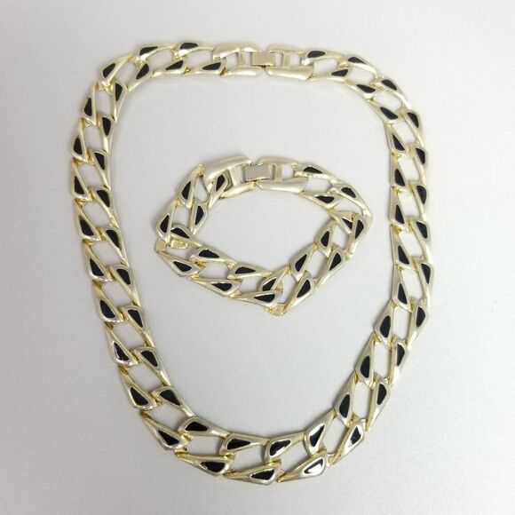 Vintage Black Enamel and Gold Tone Chain Necklace and Bracelet Set, Retro Estate - Picture 8 of 8